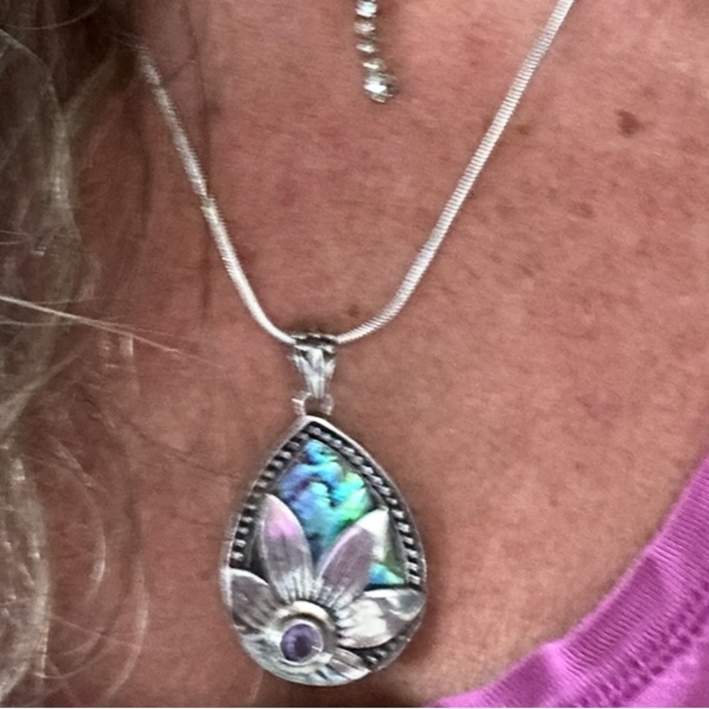 SET - Sterling Silver Abalone Amethyst Pendant Necklace Earrings Set - Picture 11 of 11